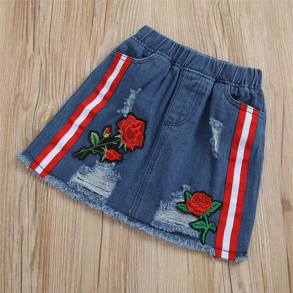 Girls Short Sleeve Floral Letter Printed Top & Denim Skirt trendy kids wholesale clothing