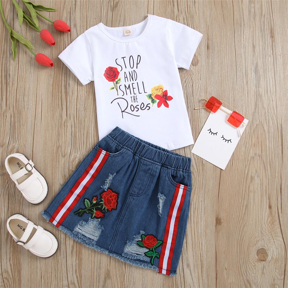 Girls Short Sleeve Floral Letter Printed Top & Denim Skirt trendy kids wholesale clothing