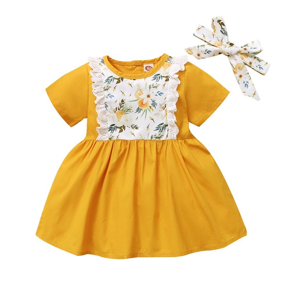 Girls Short Sleeve Floral Printed Dresses & Headband wholesale kids boutique clothing