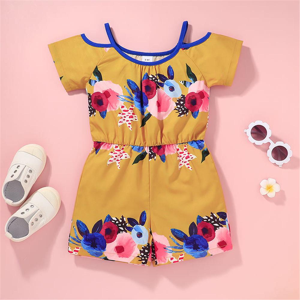 Girls Short Sleeve Floral Printed Jumpsuit kids wholesale clothing