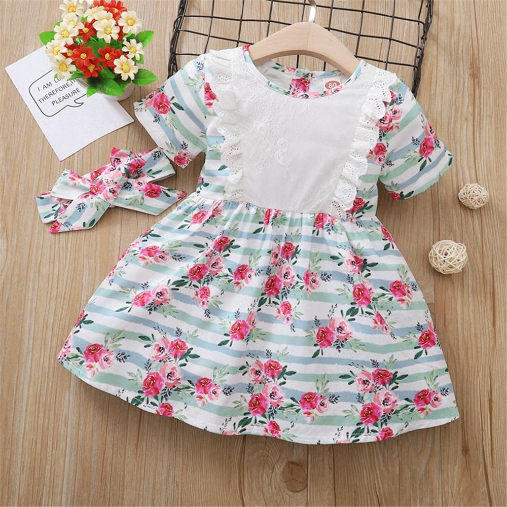 Girls Short Sleeve Floral Printed Lace Dress & Headband kids clothing wholesale