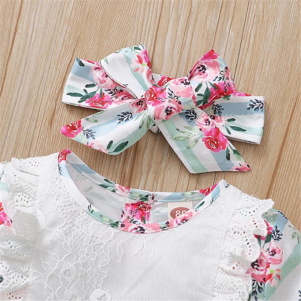 Girls Short Sleeve Floral Printed Lace Dress & Headband kids clothing wholesale