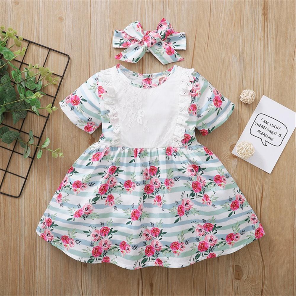 Girls Short Sleeve Floral Printed Lace Dress & Headband kids clothing wholesale