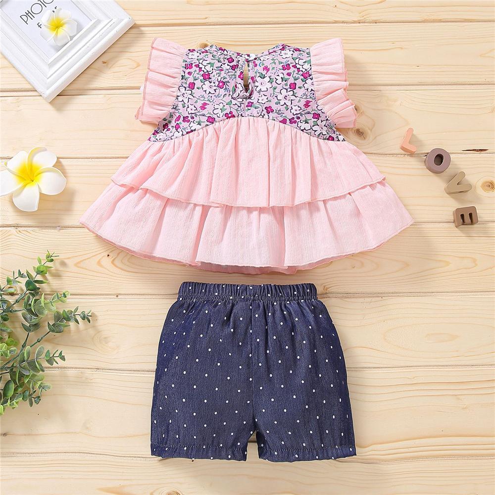 Girls Short Sleeve Floral Printed Layered Splicing Top & Bow Polka Dot Shorts wholesale childrens clothing distributors