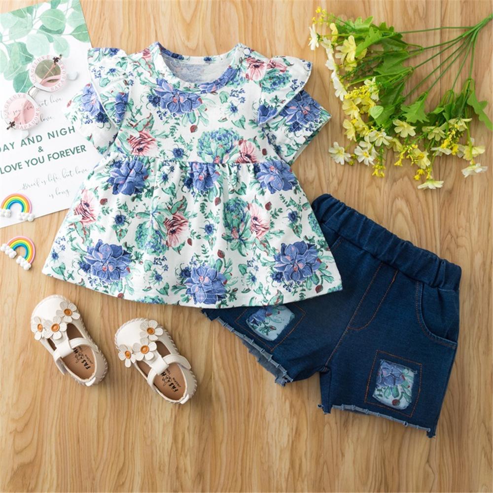 Baby Girls Short Sleeve Floral Printed Ruffled Top & Denim Shorts Wholesale Baby Clothes