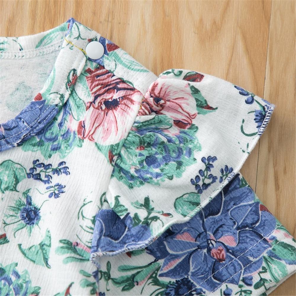 Baby Girls Short Sleeve Floral Printed Ruffled Top & Denim Shorts Wholesale Baby Clothes