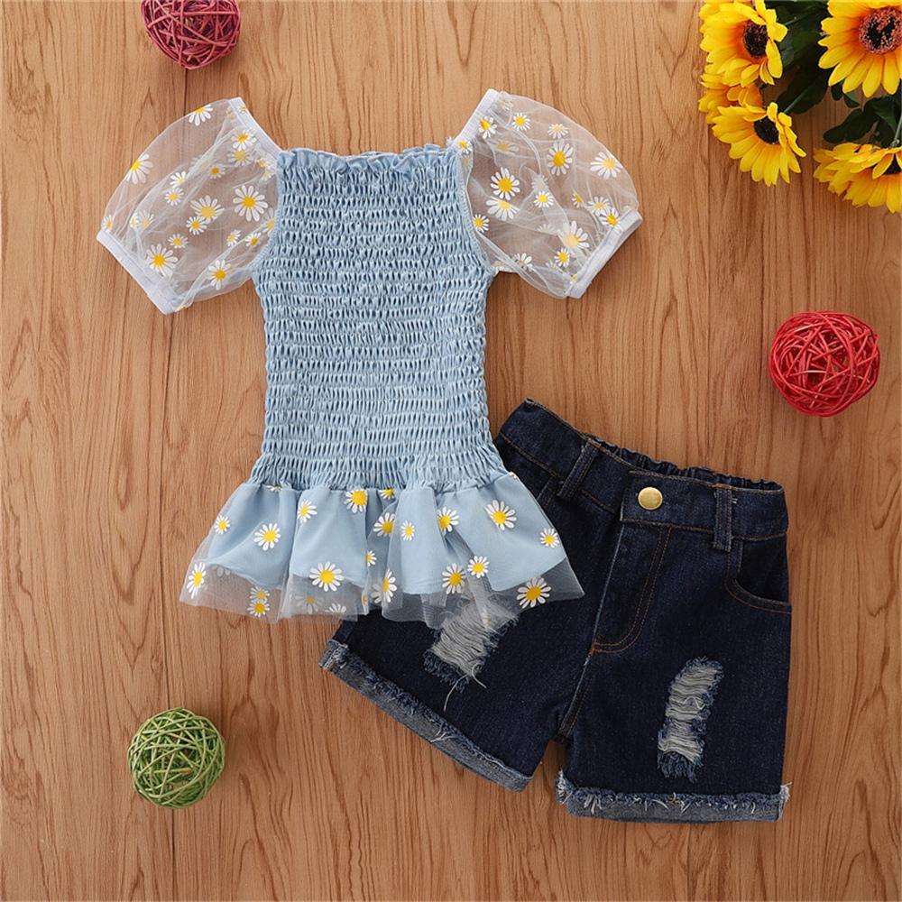 Girls Short Sleeve Floral Printed Top & Denim Shorts childrens wholesale clothing