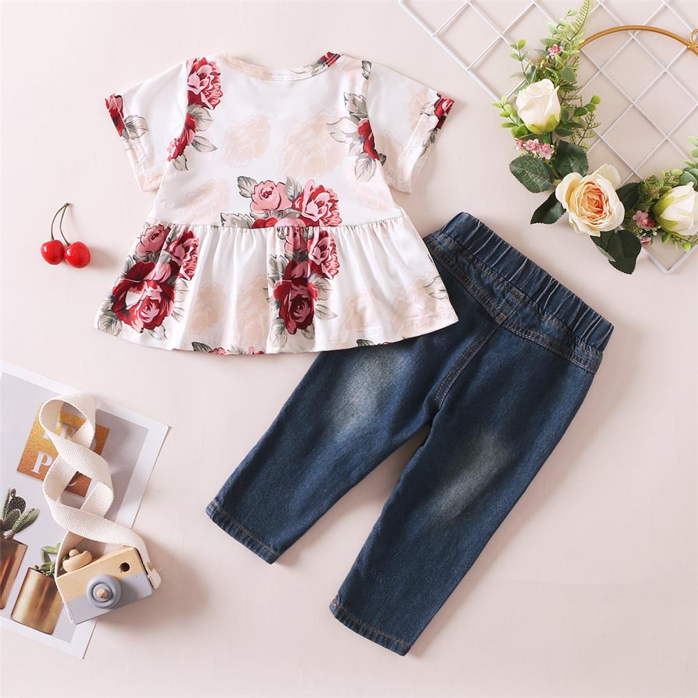 Girls Short Sleeve Floral Printed Top & Jeans kids wholesale clothing