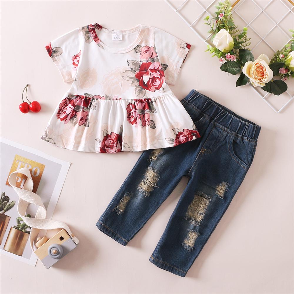 Girls Short Sleeve Floral Printed Top & Jeans kids wholesale clothing