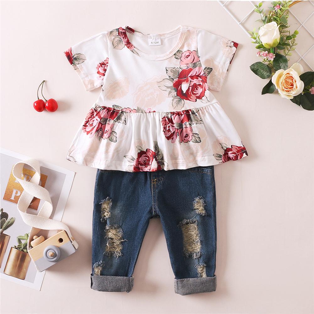 Girls Short Sleeve Floral Printed Top & Jeans kids wholesale clothing