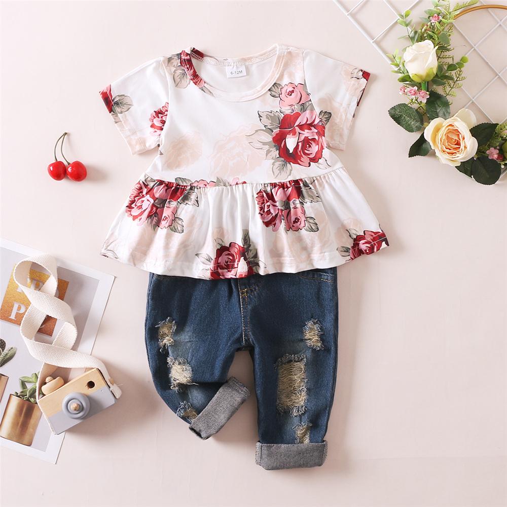 Girls Short Sleeve Floral Printed Top & Jeans kids wholesale clothing