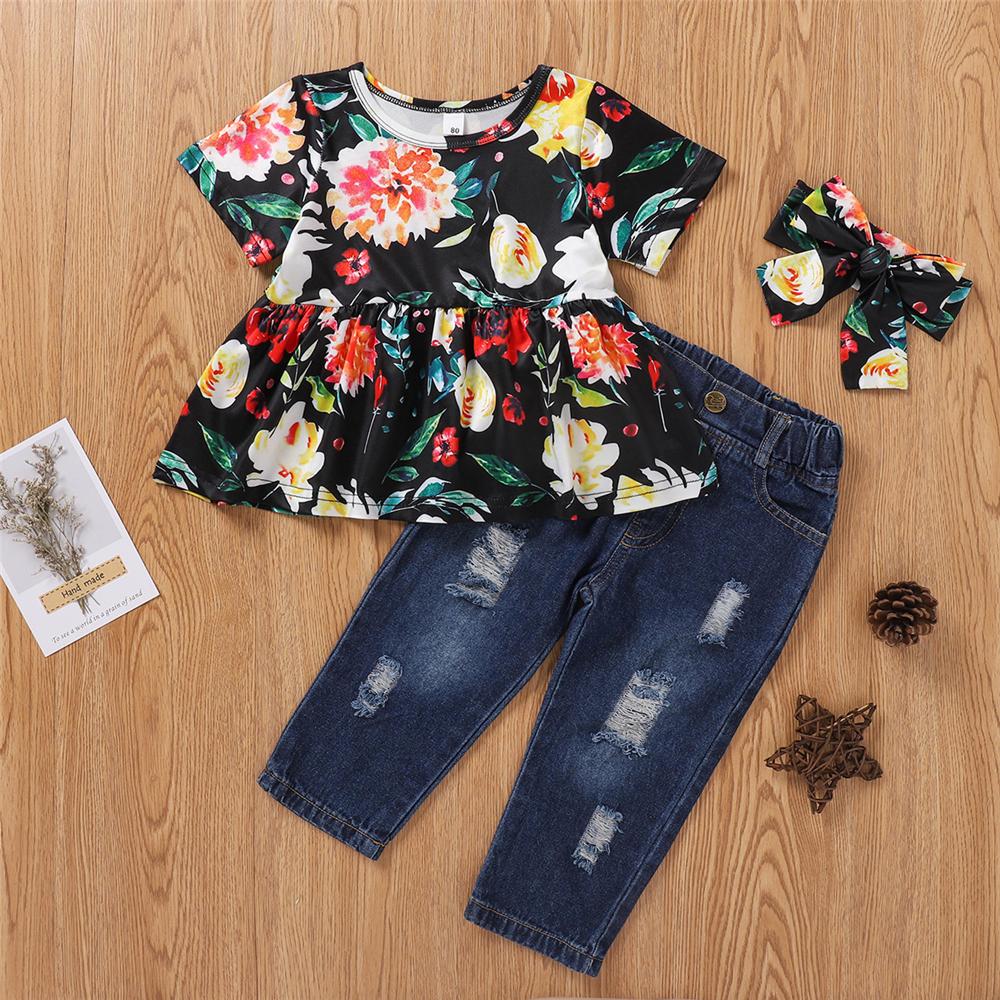 Girls Short Sleeve Floral Printed Top & Ripped Jeans & Headband Girls Clothing Wholesale