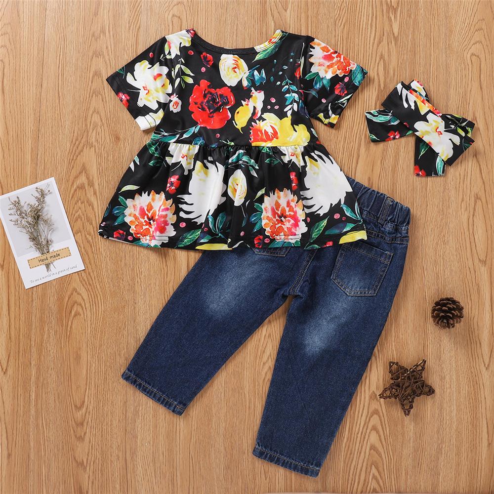 Girls Short Sleeve Floral Printed Top & Ripped Jeans & Headband Girls Clothing Wholesale