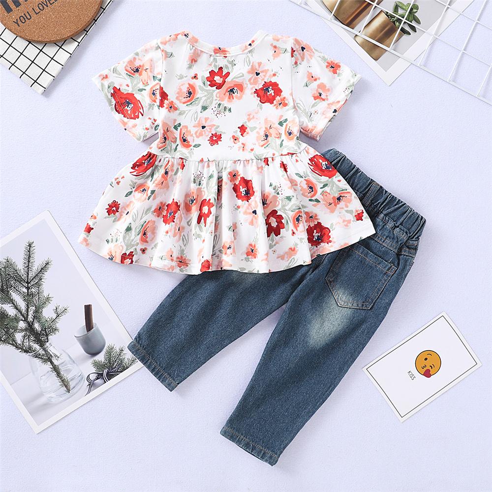 Girls Short Sleeve Floral Printed Top & Ripped Jeans trendy kids wholesale clothing