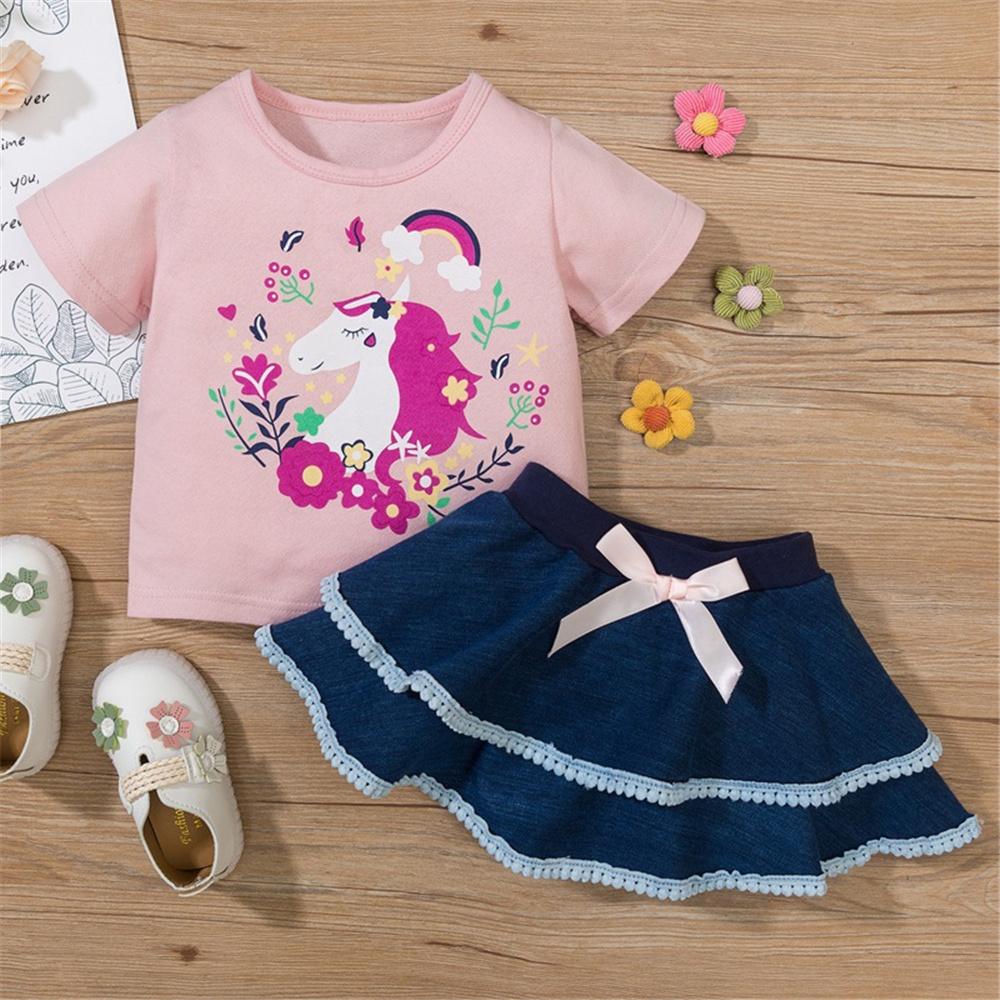 Baby Girls Short Sleeve Floral Unicorn Printed Top & Skirt Wholesale Clothing Baby