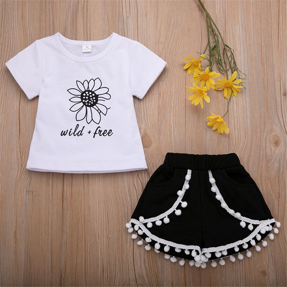 Girls Short Sleeve Flower Letter Printed T-shirt & Fur Ball Skirt Wholesale Little Girls Clothes