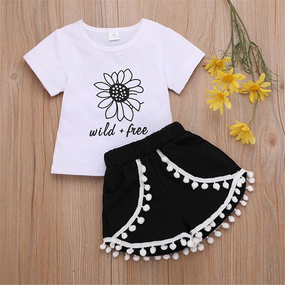 Girls Short Sleeve Flower Letter Printed T-shirt & Fur Ball Skirt Wholesale Little Girls Clothes