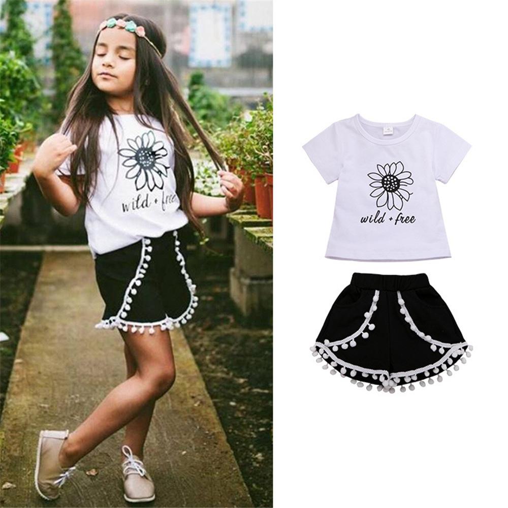 Girls Short Sleeve Flower Letter Printed T-shirt & Fur Ball Skirt Wholesale Little Girls Clothes