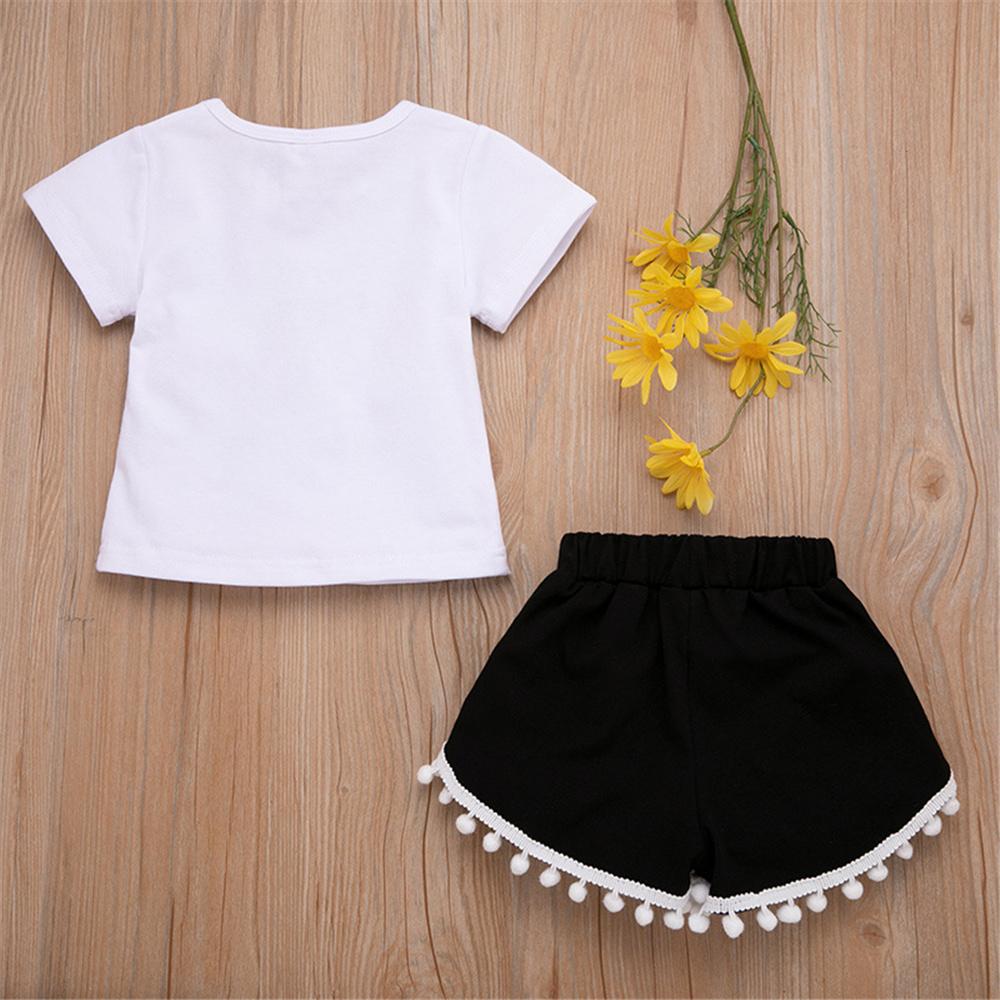 Girls Short Sleeve Flower Letter Printed T-shirt & Fur Ball Skirt Wholesale Little Girls Clothes