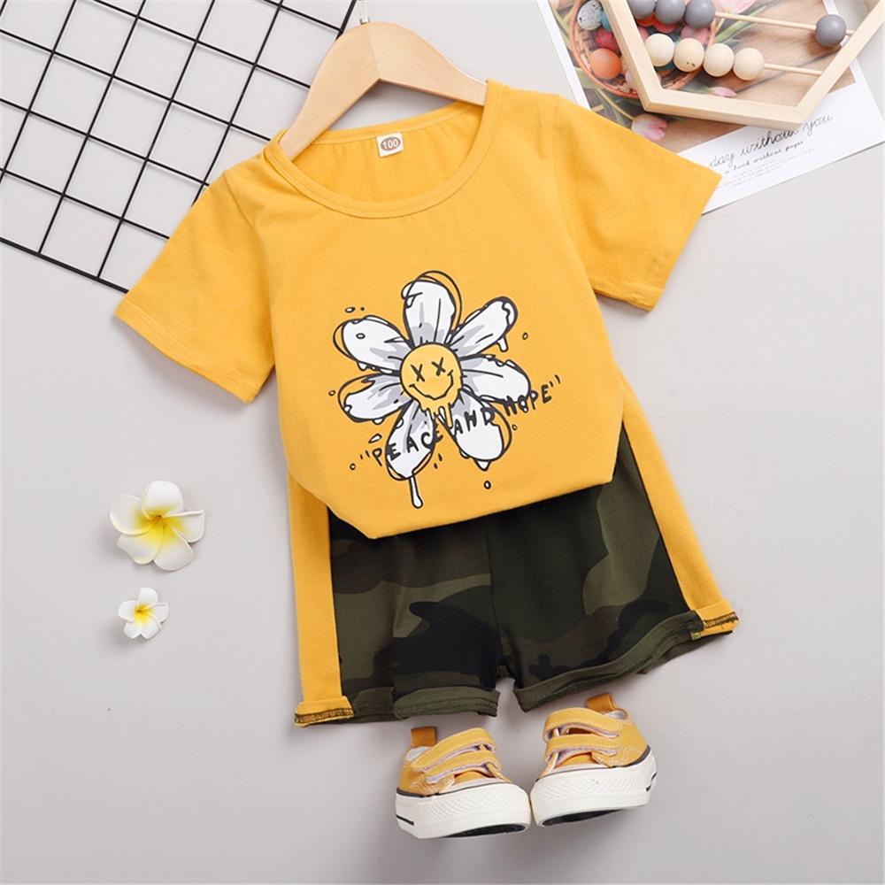 Girls Short Sleeve Flower Printed T-shirt & Camouflage Shorts trendy kids wholesale clothing