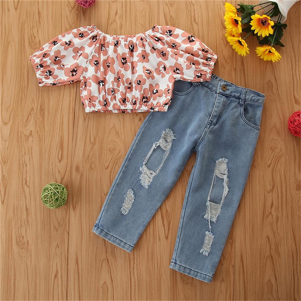 Girls Short Sleeve Flower Printed Top & Ripped Jeans wholesale girls clothes