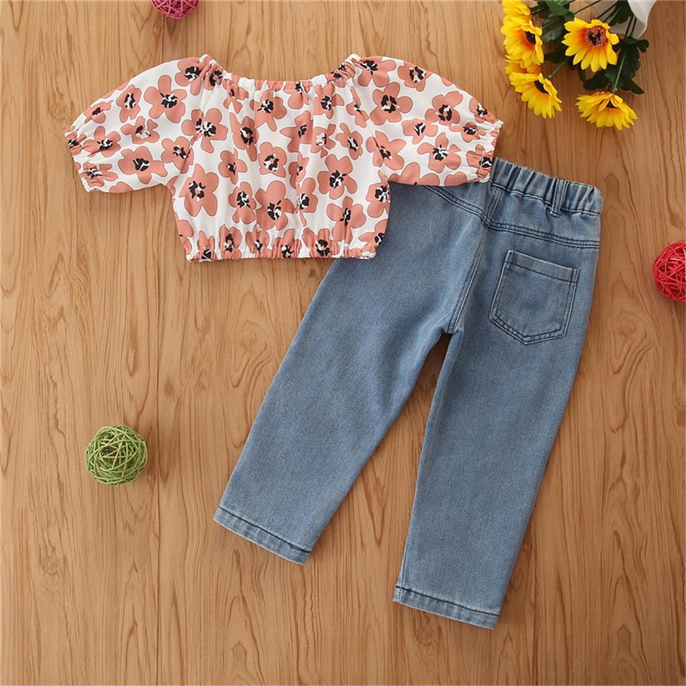 Girls Short Sleeve Flower Printed Top & Ripped Jeans wholesale girls clothes