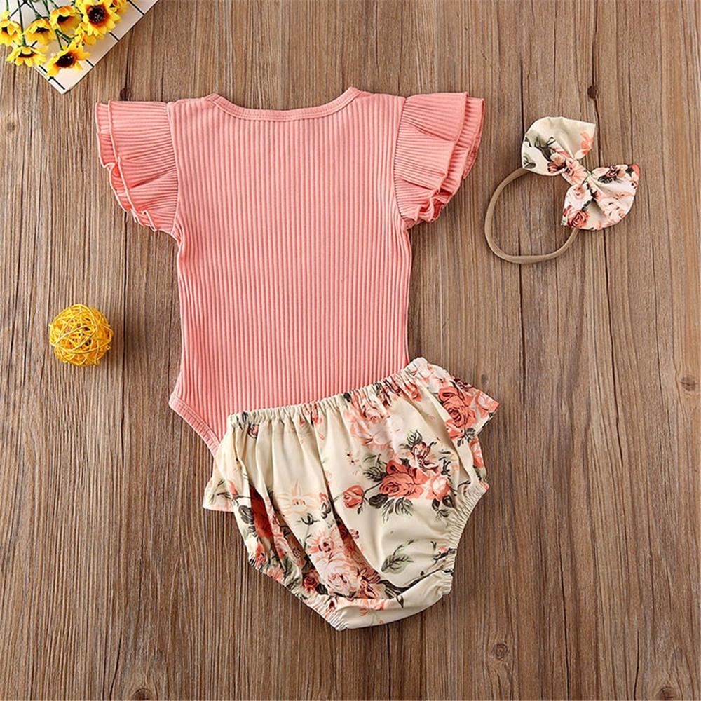 Baby Girls Short Sleeve Flying Sleeve Solid Romper & Flower Shorts & Headband wholesale baby boutique clothing