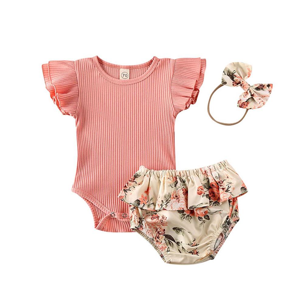 Baby Girls Short Sleeve Flying Sleeve Solid Romper & Flower Shorts & Headband wholesale baby boutique clothing