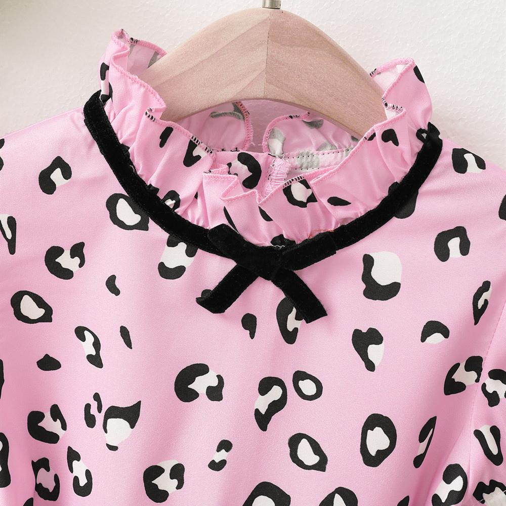 Girls Short Sleeve Leopard Printed Bow Decor Dress wholesale kids clothing