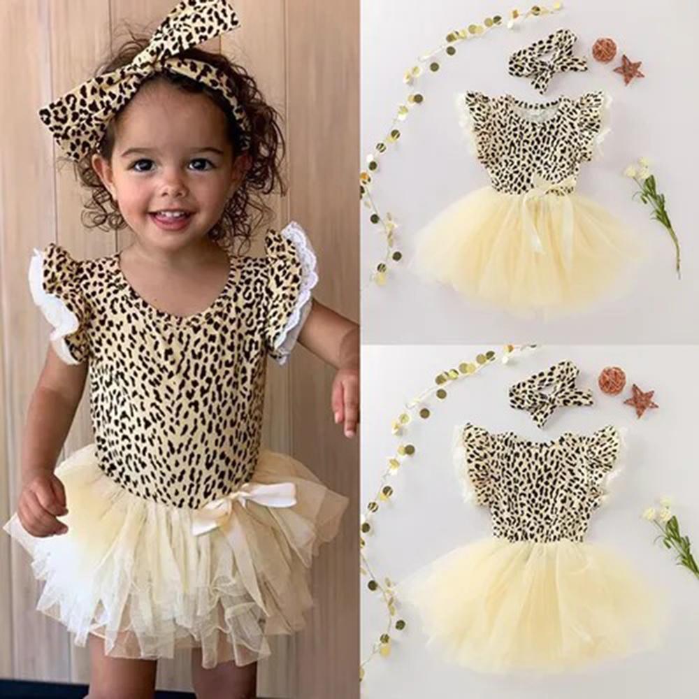 Girls Short Sleeve Leopard Printed Bow Decor Tulle Dress & Headband Wholesale Girls Clothing
