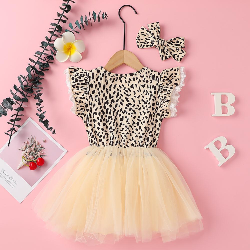 Girls Short Sleeve Leopard Printed Bow Decor Tulle Dress & Headband Wholesale Girls Clothing