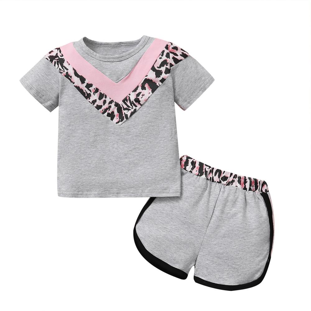 Girls Short Sleeve Leopard Printed Casual Top & Shorts childrens wholesale clothing