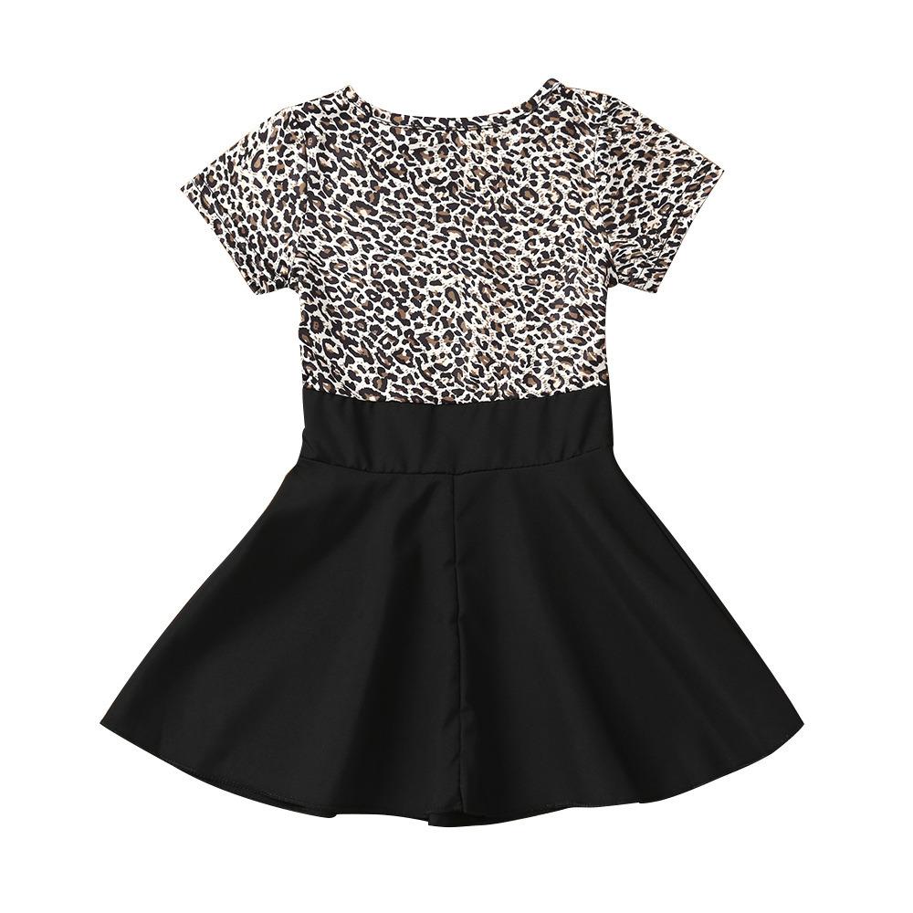 Girls Short Sleeve Leopard Printed Splicing Dress children's wholesale vendors