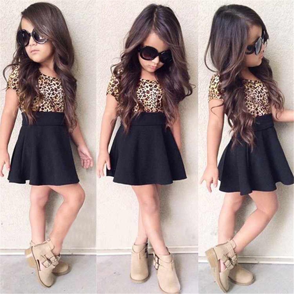 Girls Short Sleeve Leopard Printed Splicing Dress children's wholesale vendors