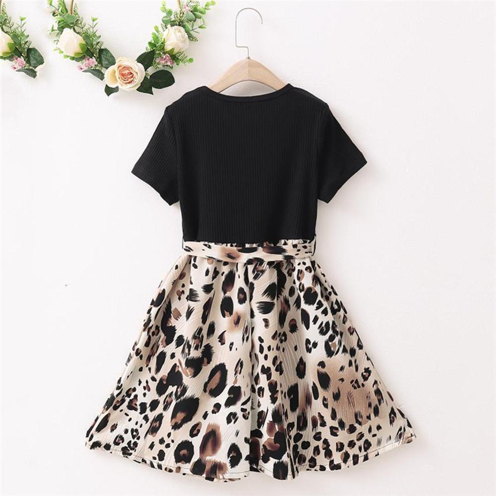 Girls Short Sleeve Leopard Printed Splicing Dresses wholesale childrens clothing