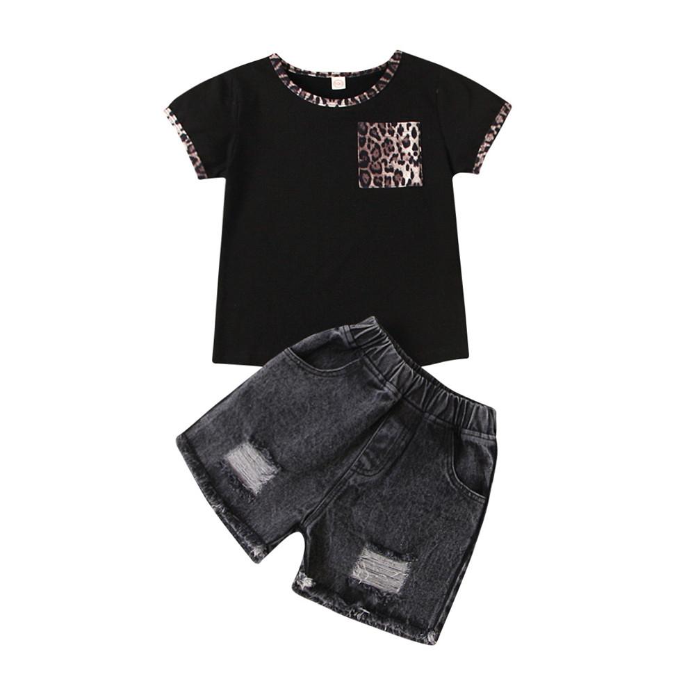 Girls Short Sleeve Leopard Printed T-Shirts & Denim Shorts wholesale kids clothing suppliers