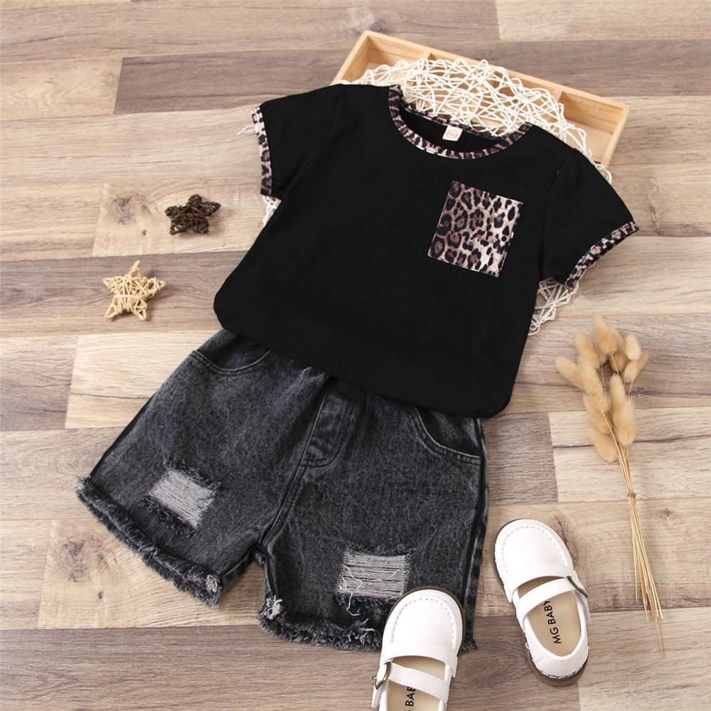 Girls Short Sleeve Leopard Printed T-Shirts & Denim Shorts wholesale kids clothing suppliers