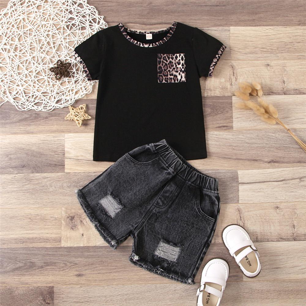 Girls Short Sleeve Leopard Printed T-Shirts & Denim Shorts wholesale kids clothing suppliers