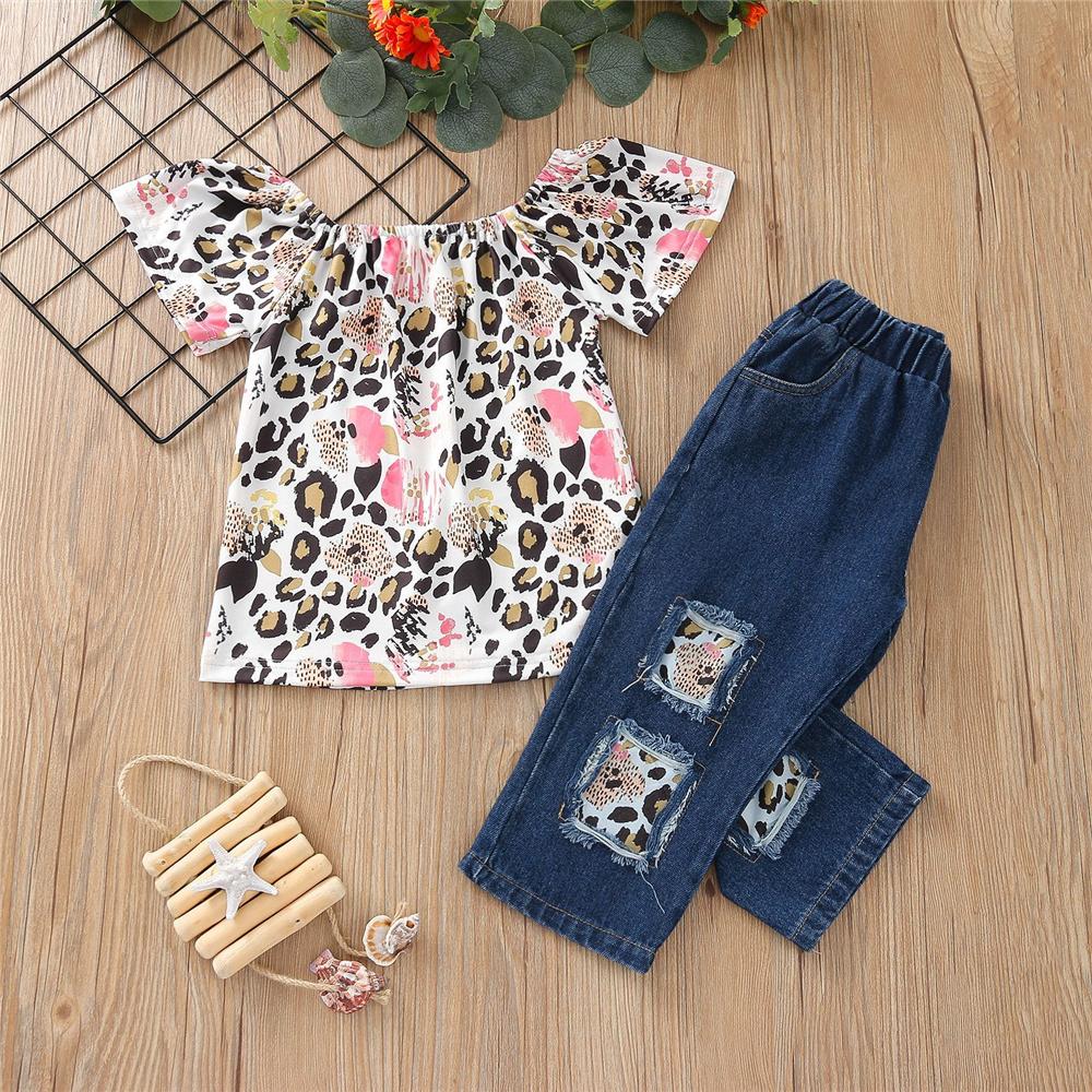Girls Short Sleeve Leopard Printed Top & Jeans childrens wholesale clothing