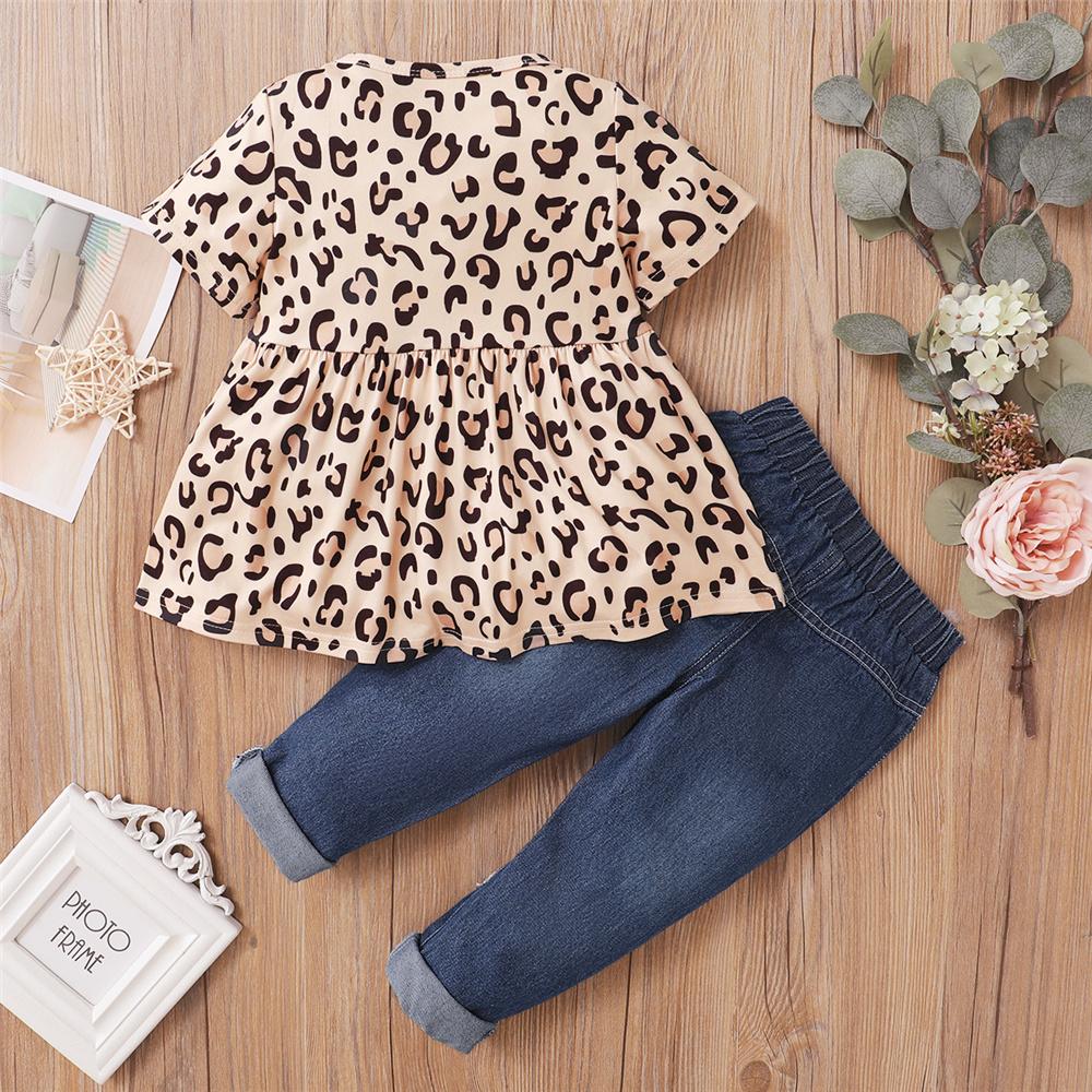 Girls Short Sleeve Leopard Top & Jeans kids clothes wholesale