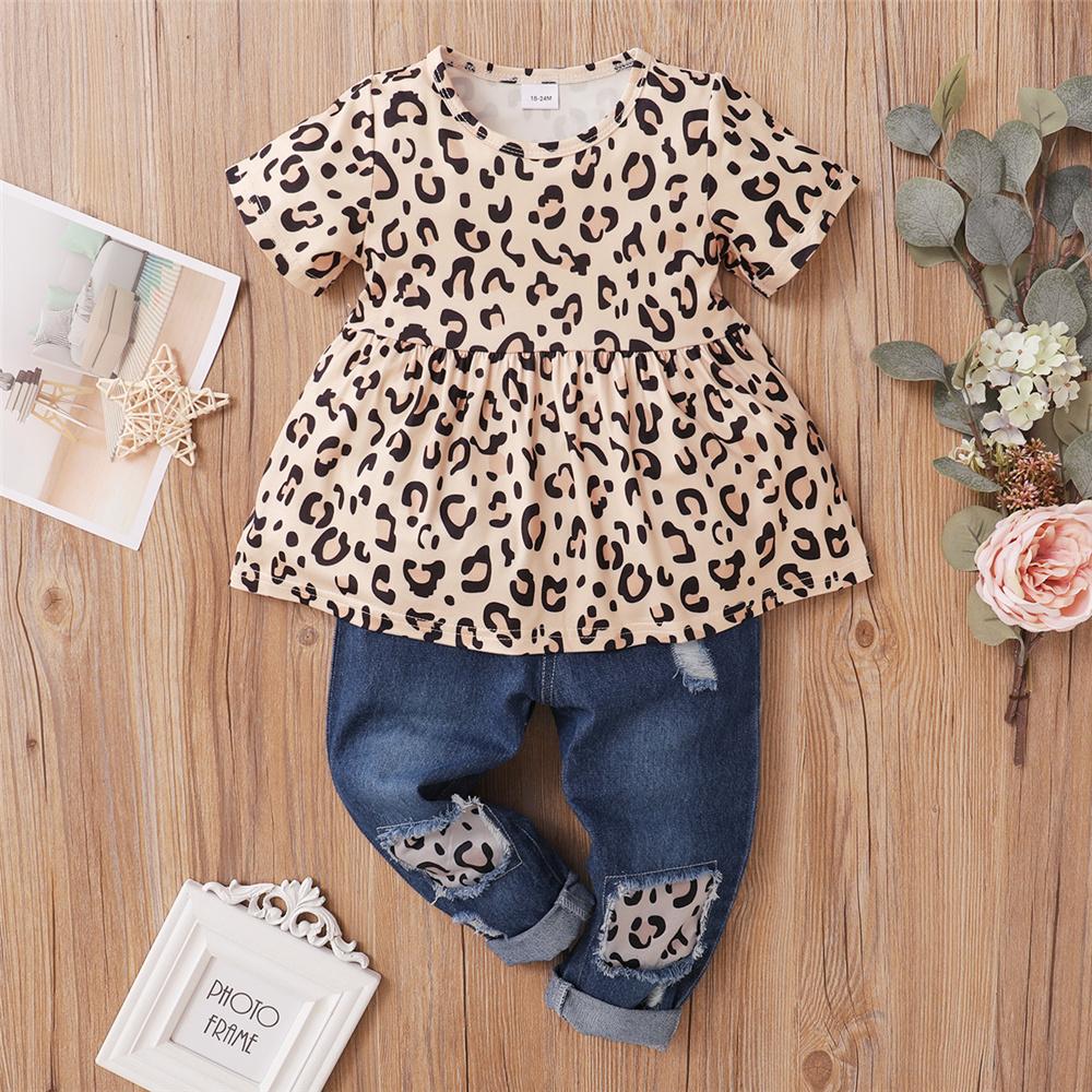 Girls Short Sleeve Leopard Top & Jeans kids clothes wholesale