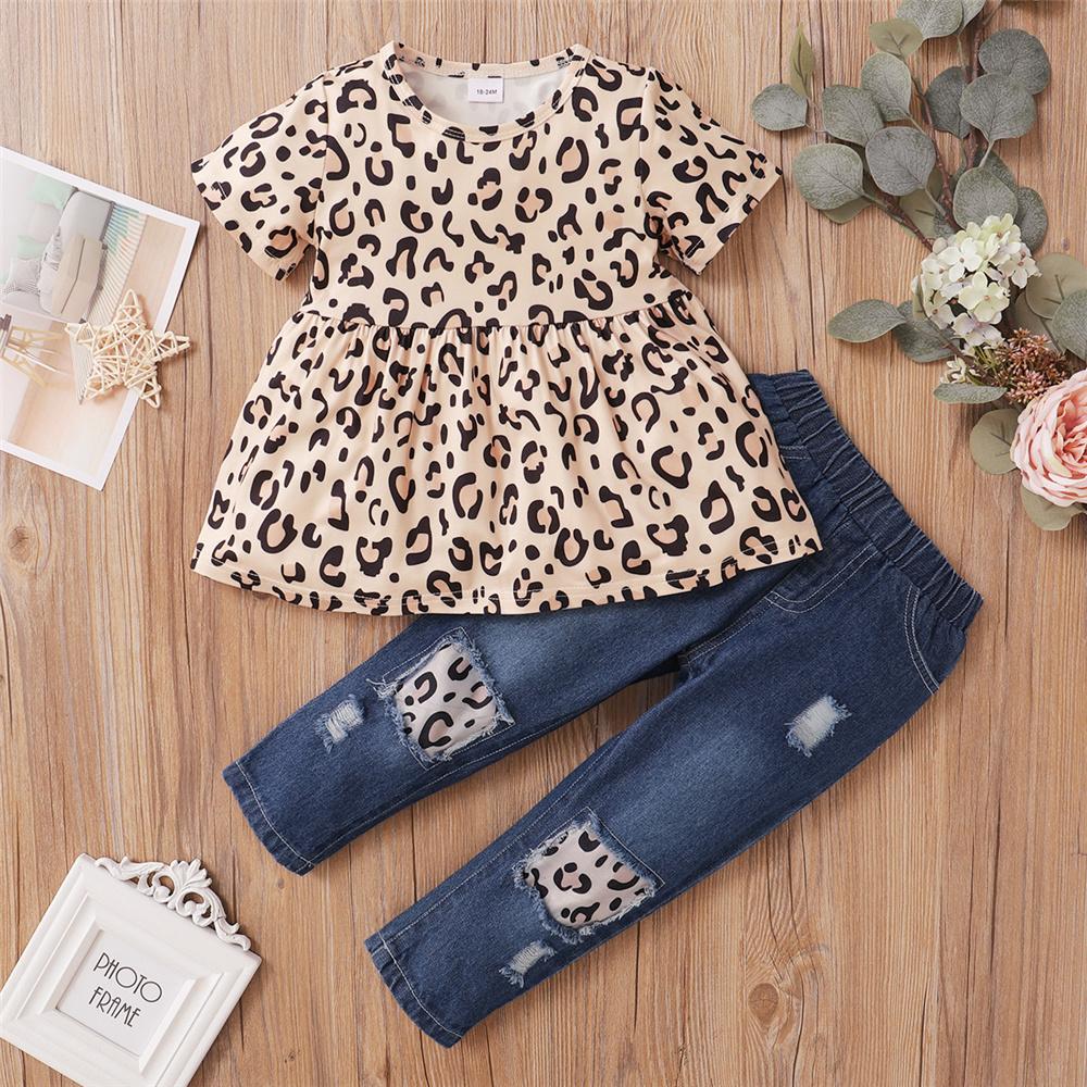 Girls Short Sleeve Leopard Top & Jeans kids clothes wholesale