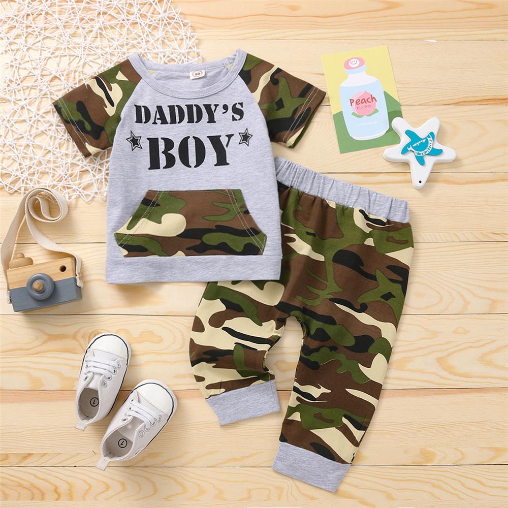 Boys Short Sleeve Letter Camouflage Top & Pants trendy kids wholesale clothing