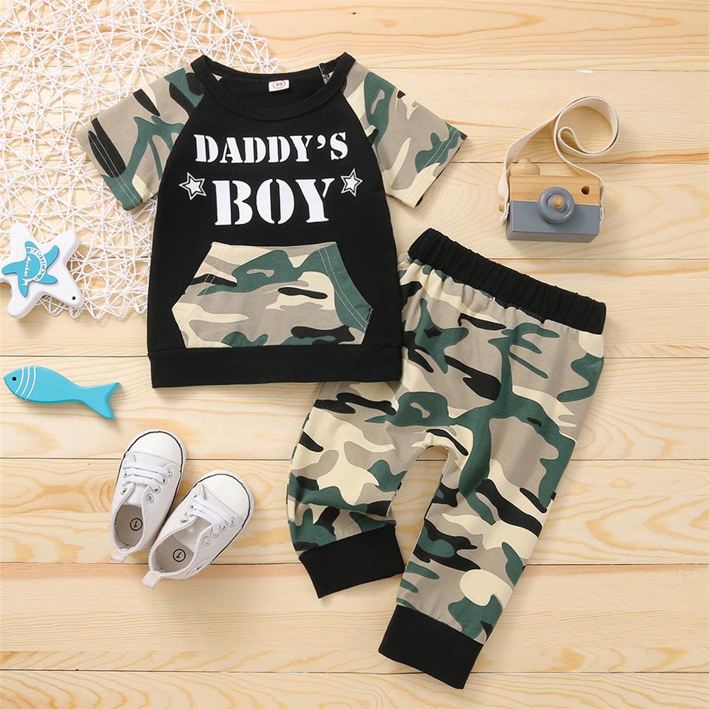 Boys Short Sleeve Letter Camouflage Top & Pants trendy kids wholesale clothing