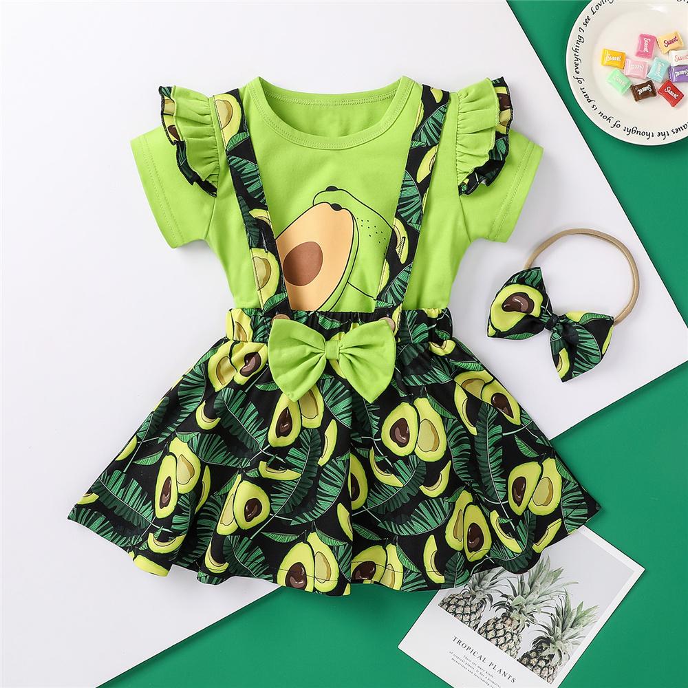 Girls Short Sleeve Letter Cartoon Avocado  Printed Top & Suspender Skirt & Headband children wholesale clothing