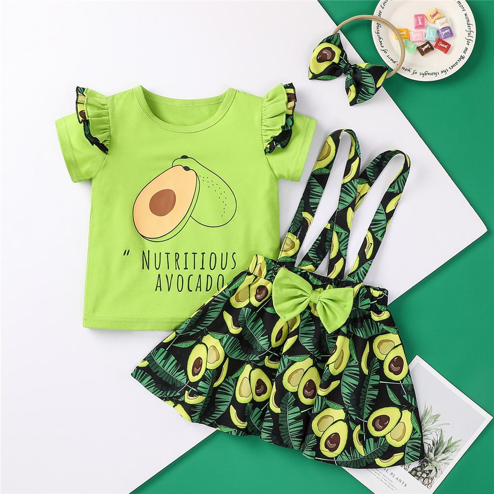 Girls Short Sleeve Letter Cartoon Avocado  Printed Top & Suspender Skirt & Headband children wholesale clothing