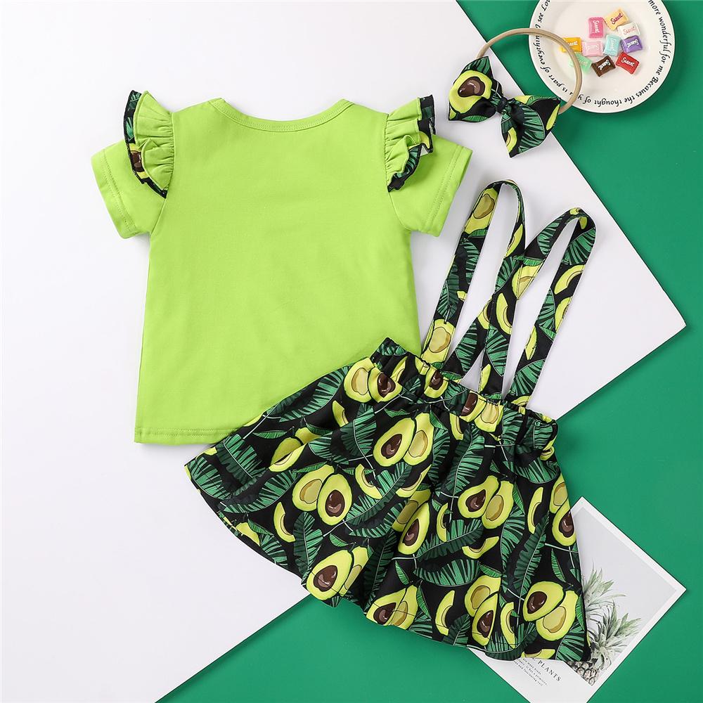 Girls Short Sleeve Letter Cartoon Avocado  Printed Top & Suspender Skirt & Headband children wholesale clothing