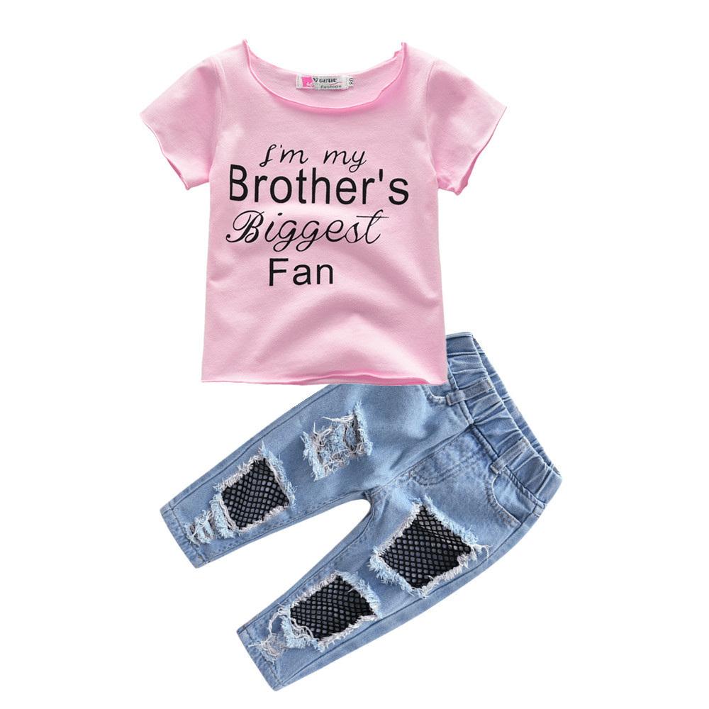 Girls Short Sleeve Letter I'm Brothers Biggest Fan Printed T-shirt & Ripped Pants Wholesale Little Girl Boutique Clothing