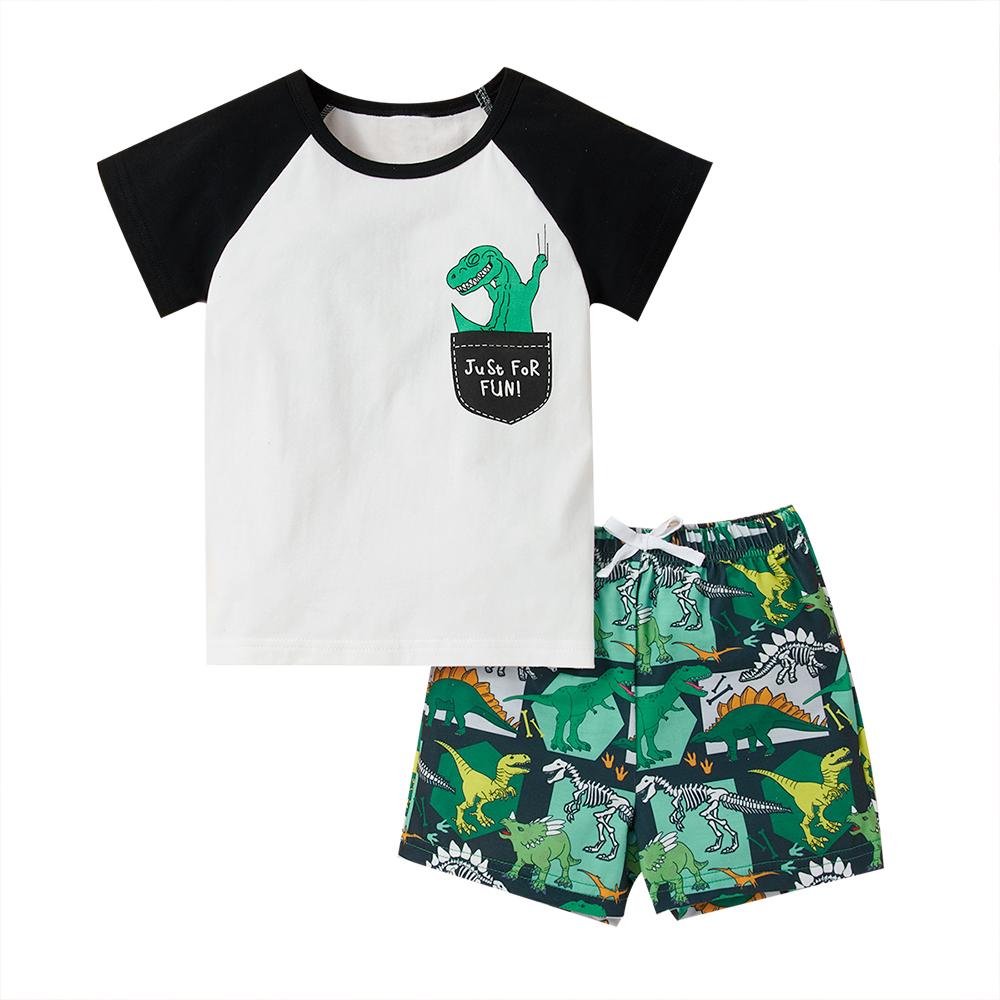 Boys Short Sleeve Letter Pocket Dinosaur Printed Top & Shorts boy boutique clothing wholesale