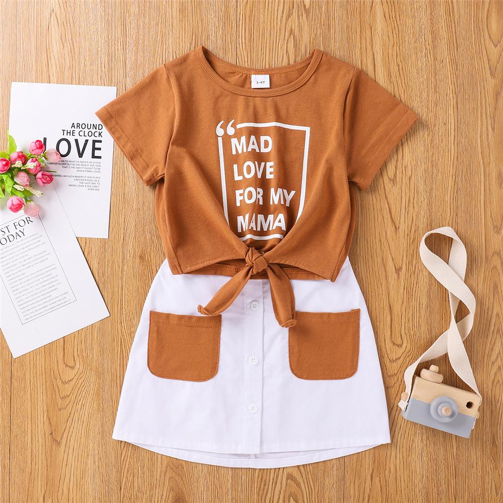 Girls Short Sleeve Letter Printed Crew Neck Top & Pocket Skirt kids wholesale clothing